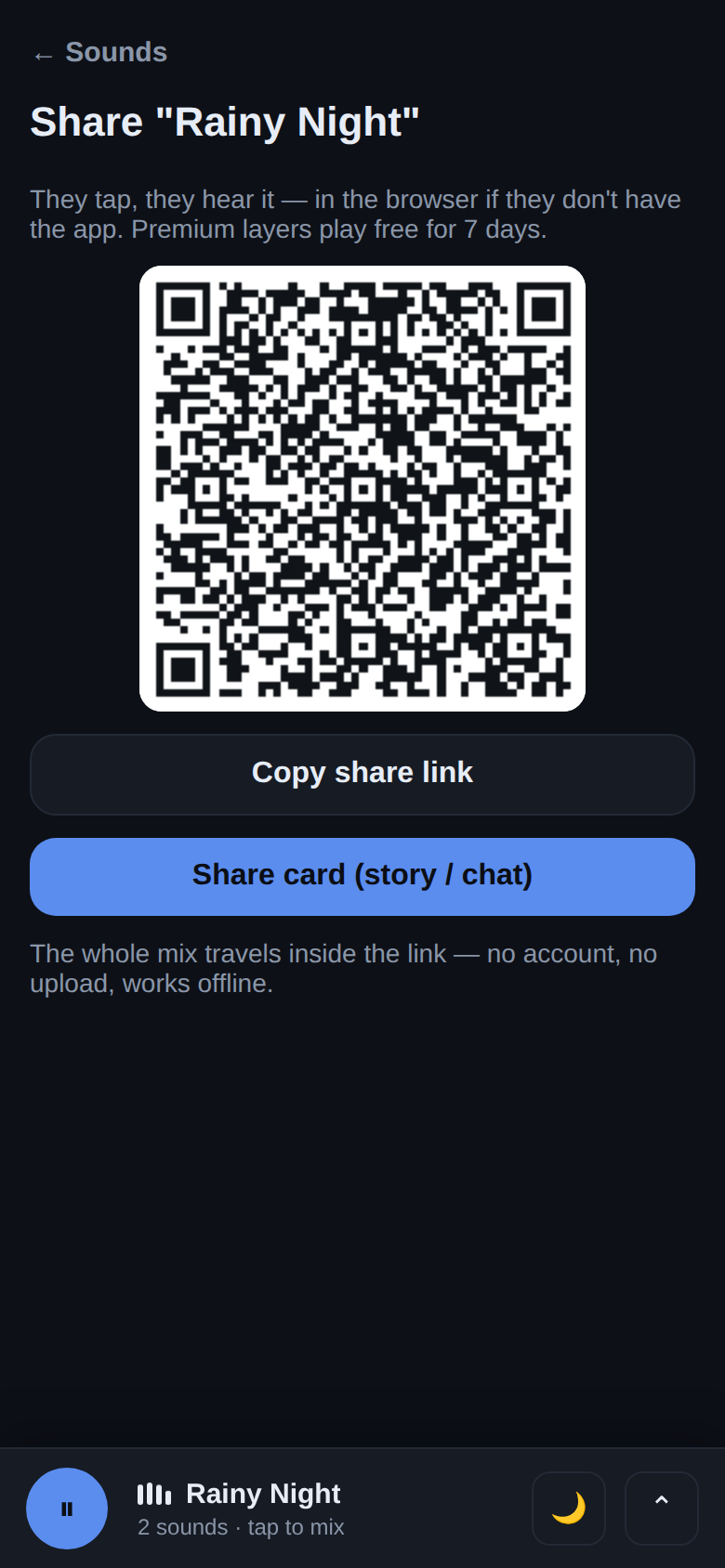 Share a mix by link or QR โ no account, works offline.